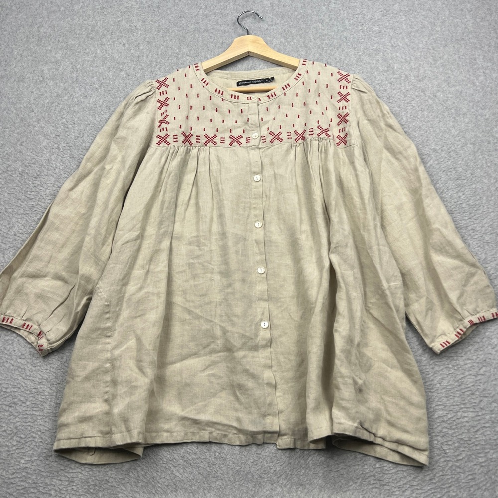 Gudrun Sjödén Blouse Womens XL Beige Linen Pleat Cottagecore Lagenlook Button Up